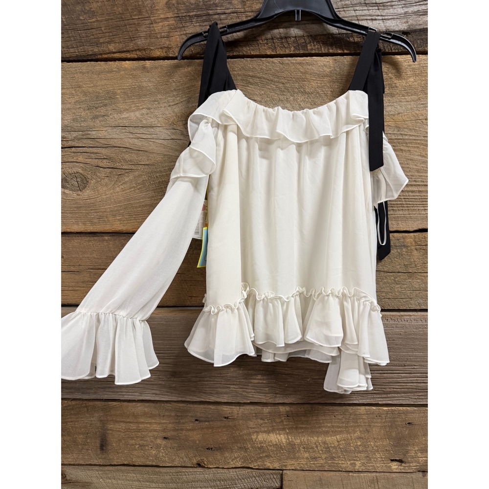 CeCe Womens Off The Shoulder Ruffle Blouse Antique White Black Tie Straps